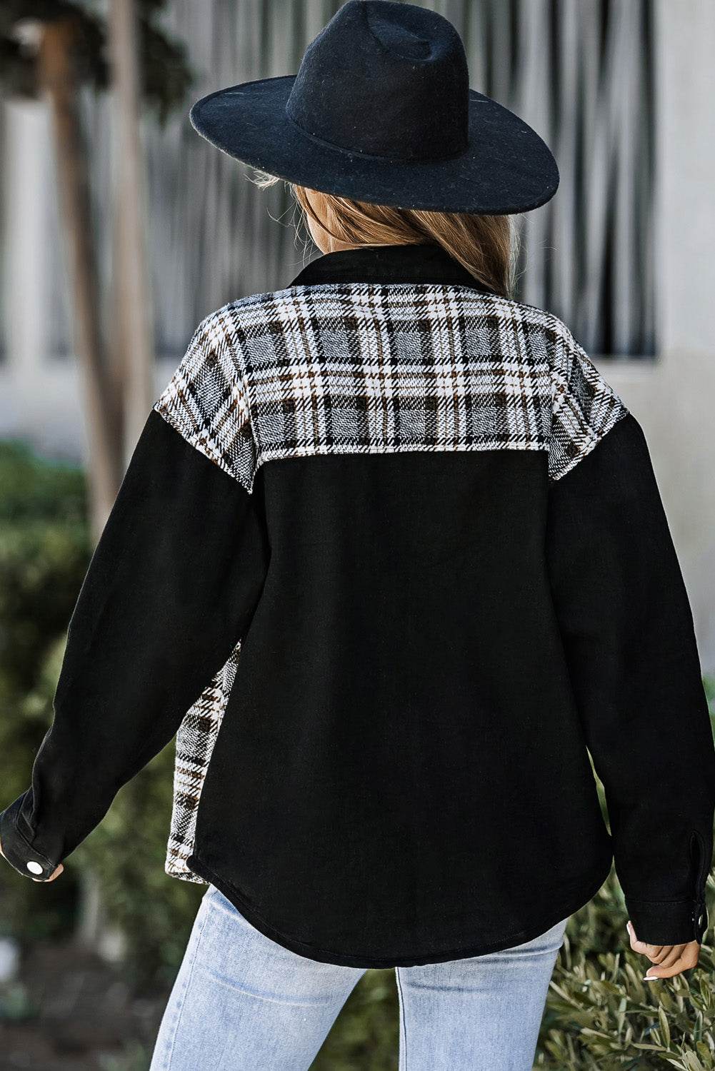 Plaid Pocketed Button Up Denim Jacket - Delanoir