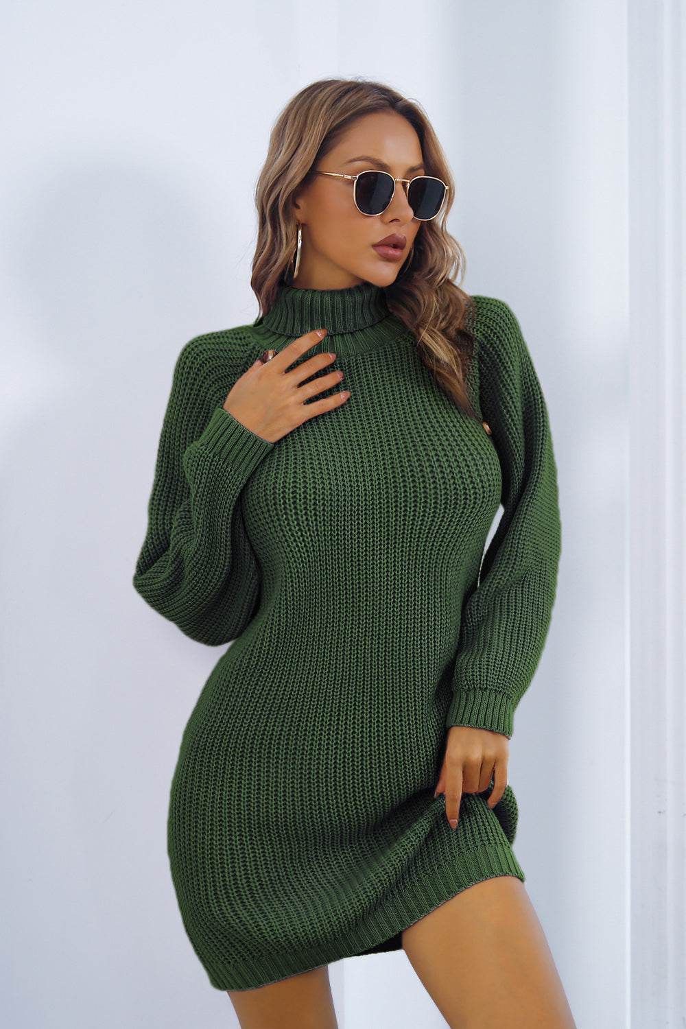 Buttoned Turtleneck Long Sleeve Sweater Dress - Delanoir
