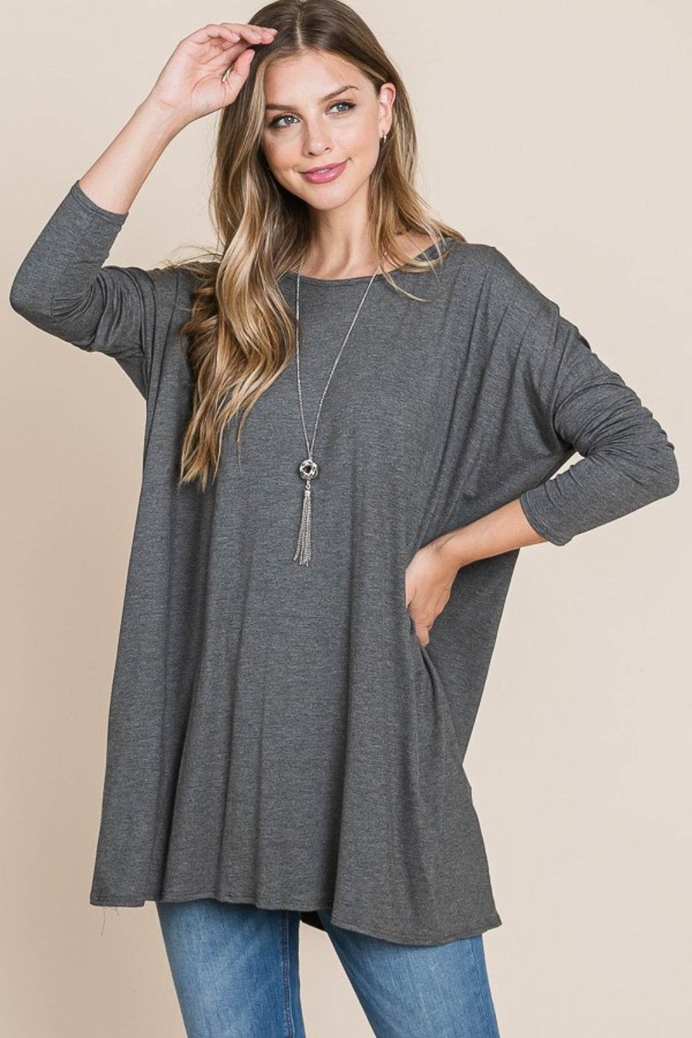 BOMBOM Round Neck Long Sleeve Oversized Top - Delanoir
