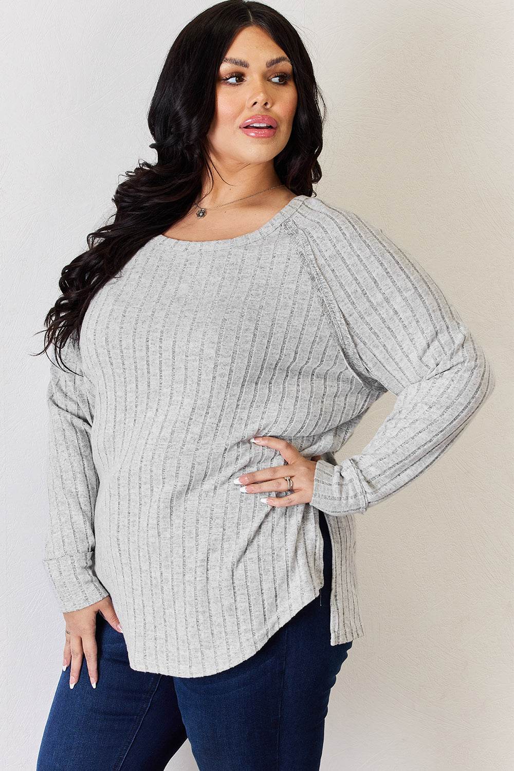 Basic Bae Full Size Ribbed Round Neck Slit T-Shirt - Delanoir