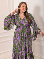 Plus Size Printed V-Neck Long Sleeve Maxi Dress - Delanoir