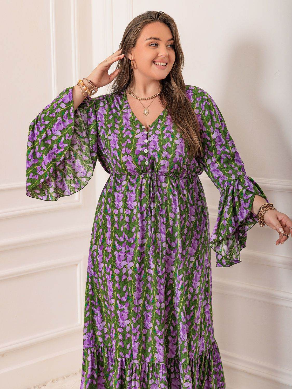 Plus Size Printed V-Neck Long Sleeve Maxi Dress - Delanoir