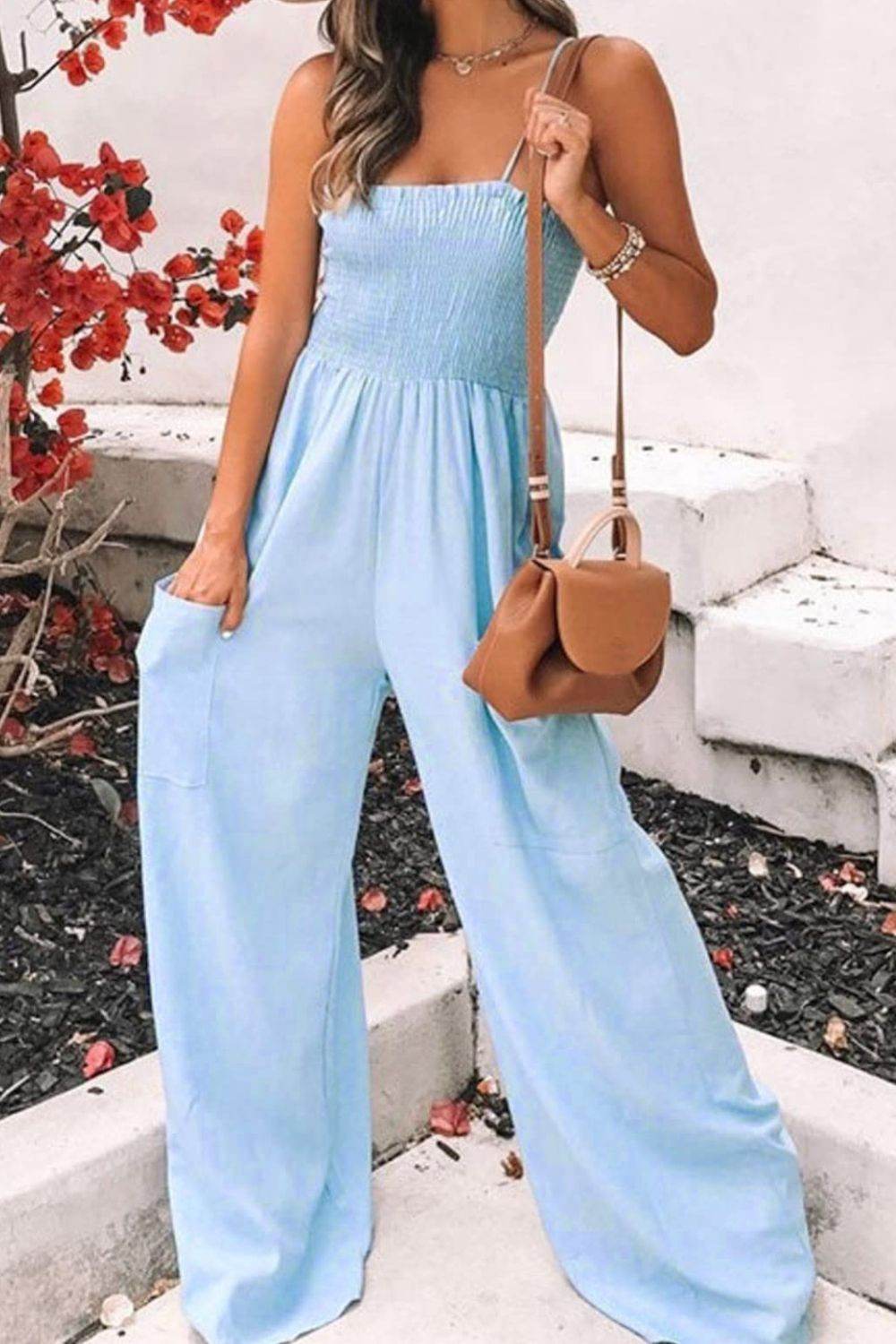 Smocked Spaghetti Strap Wide Leg Jumpsuit - Delanoir