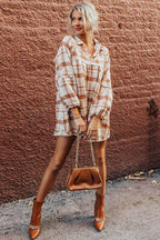 Plaid Collared Neck Long Sleeve Mini Shirt Dress - Delanoir