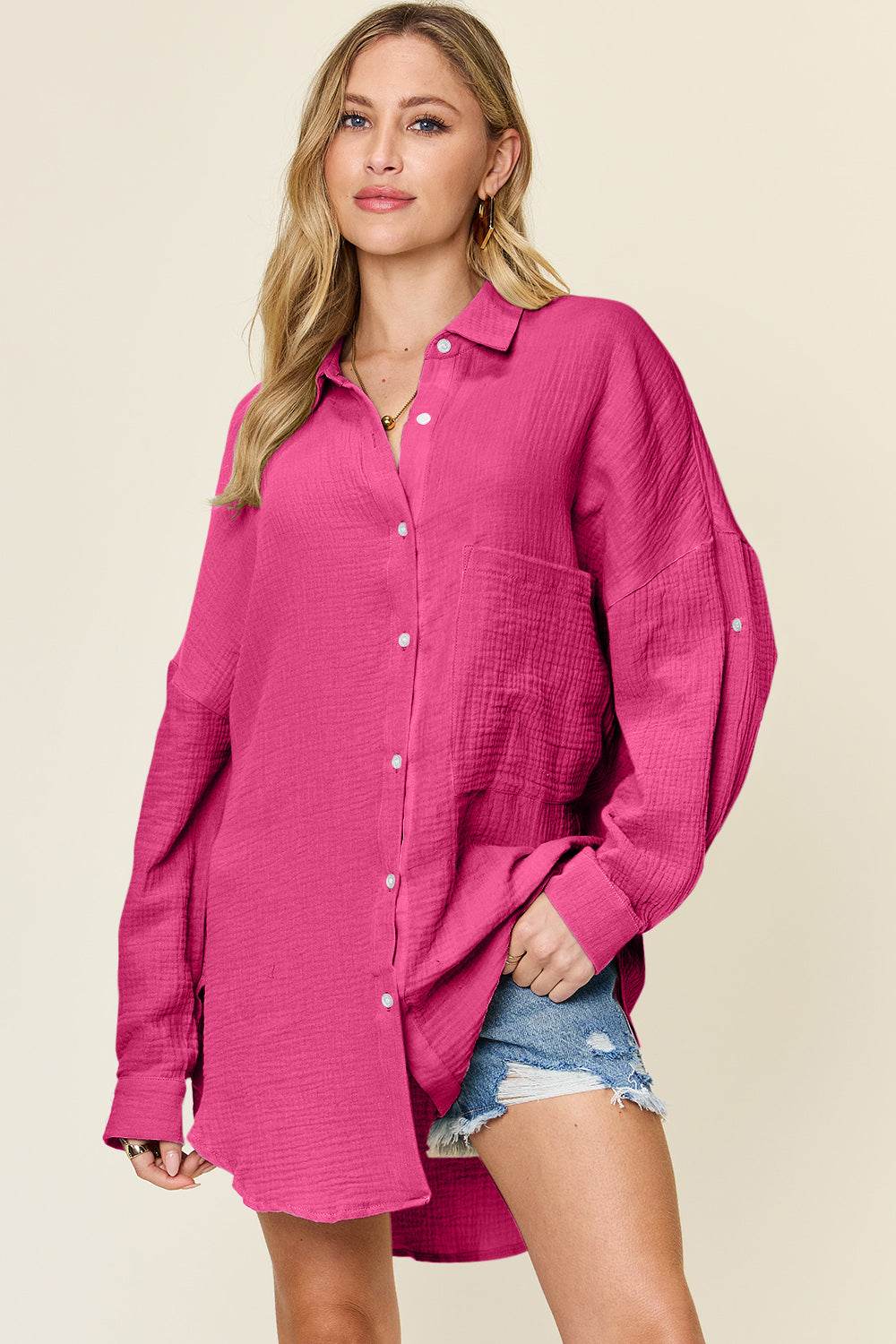 Double Take Full Size Pocketed Texture Button Up Shirt - Delanoir