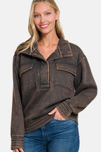 Zenana Acid Washed Half Snap Fleece Sweatshirt - Delanoir