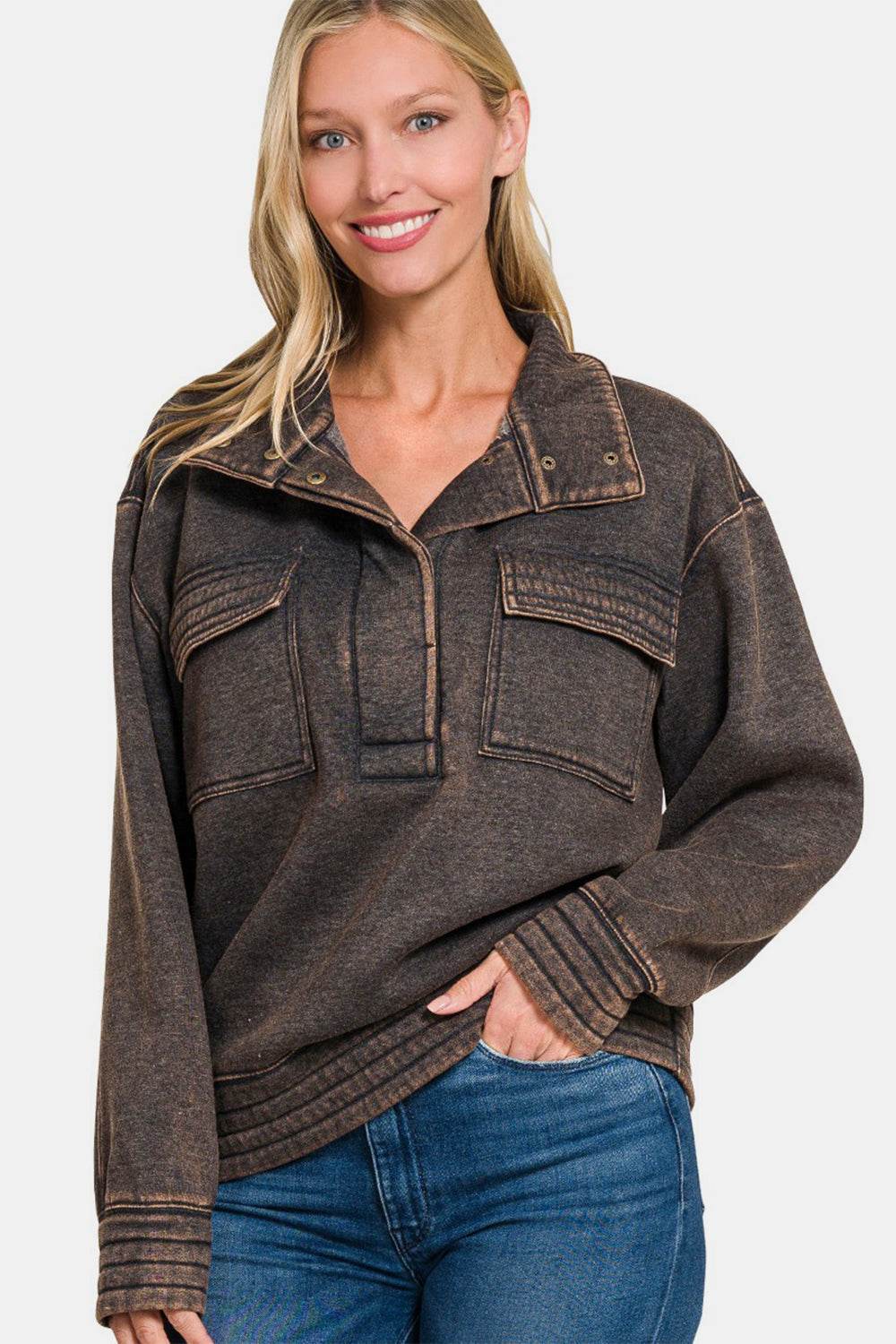 Zenana Acid Washed Half Snap Fleece Sweatshirt - Delanoir