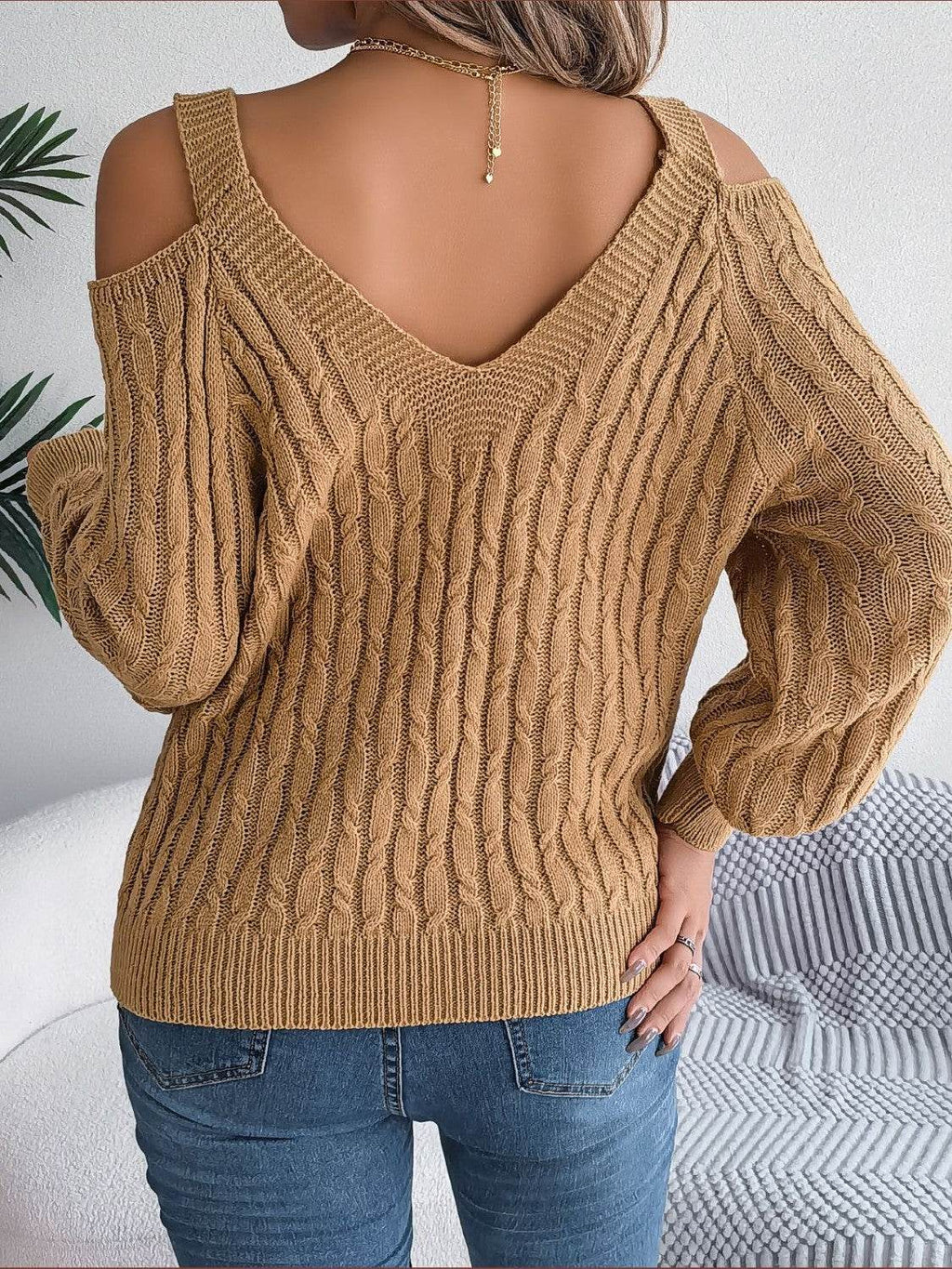 Cable-Knit Cold Shoulder Long Sleeve Sweater - Delanoir