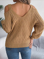 Cable-Knit Cold Shoulder Long Sleeve Sweater - Delanoir