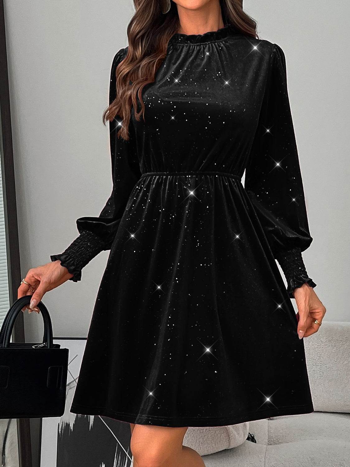 Glitter Mock Neck Long Sleeve Mini Dress - Delanoir