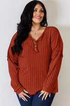 Basic Bae Full Size Ribbed Half Button Long Sleeve T-Shirt - Delanoir