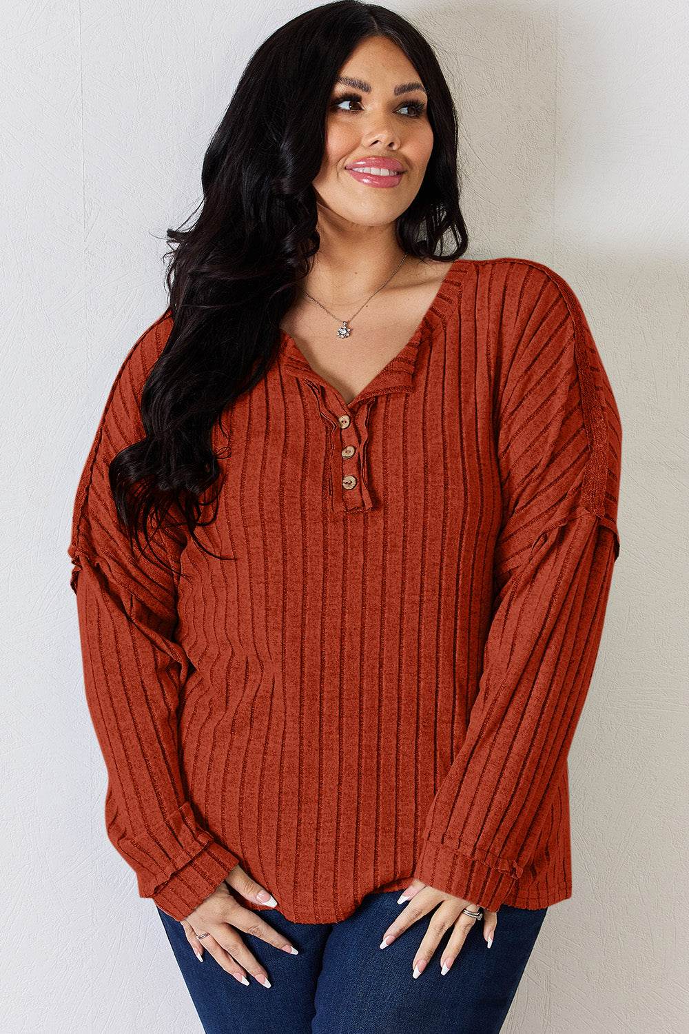 Basic Bae Full Size Ribbed Half Button Long Sleeve T-Shirt - Delanoir
