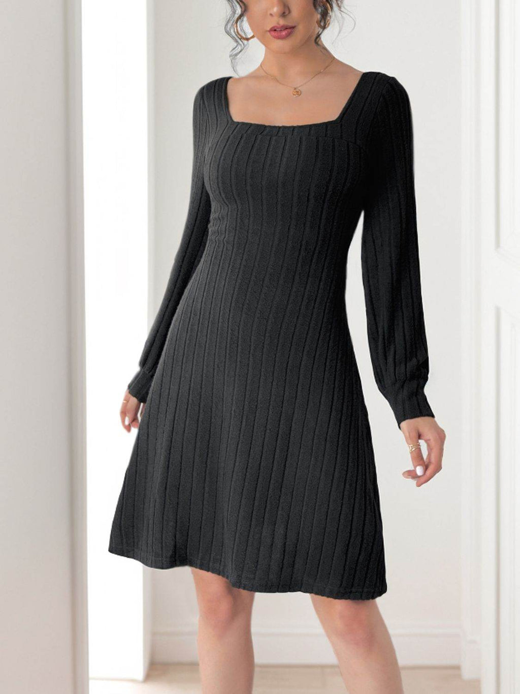 Perfee Butterfly Square Neck Long Sleeve Dress - Delanoir