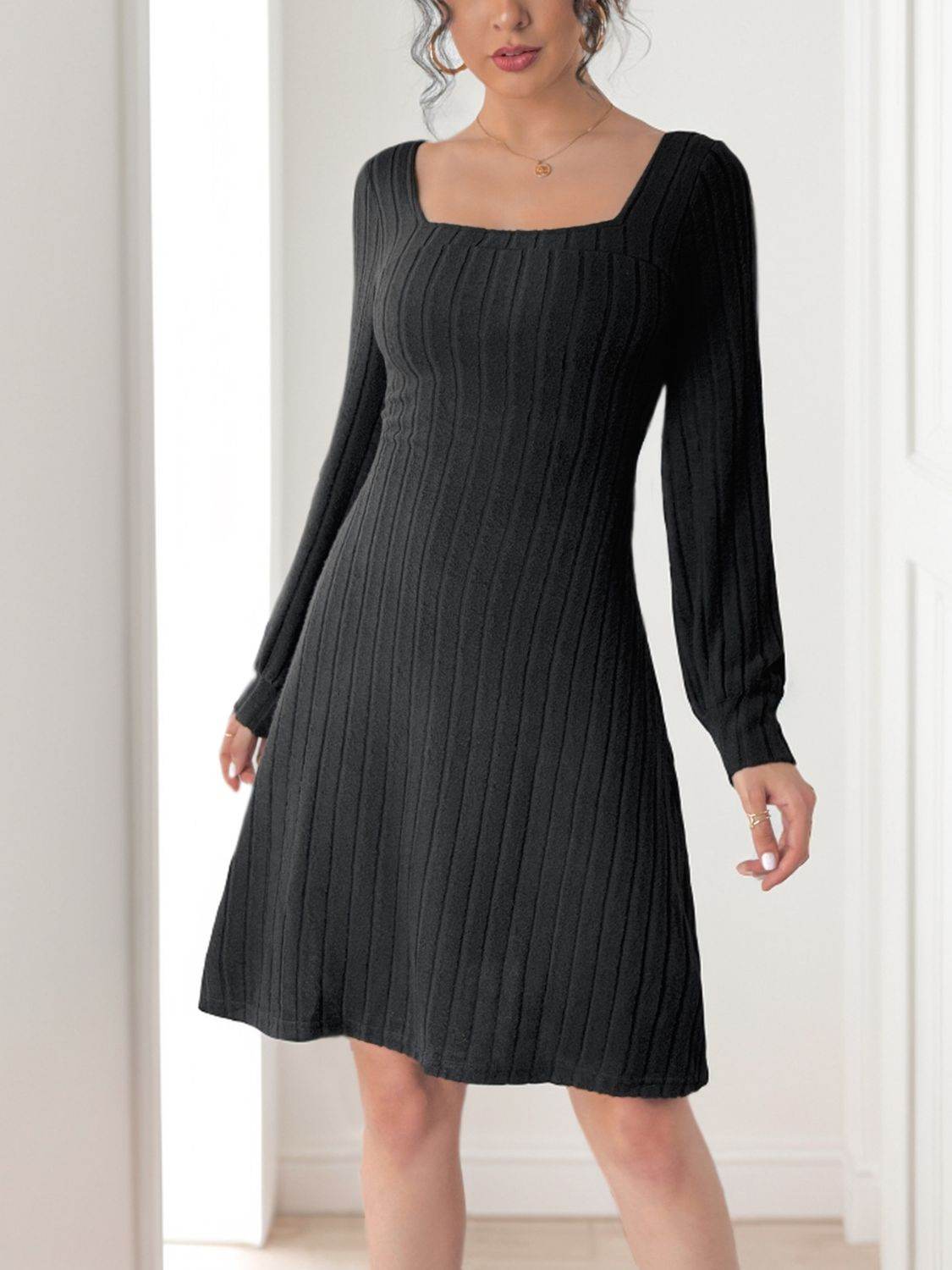 Perfee Butterfly Square Neck Long Sleeve Dress - Delanoir