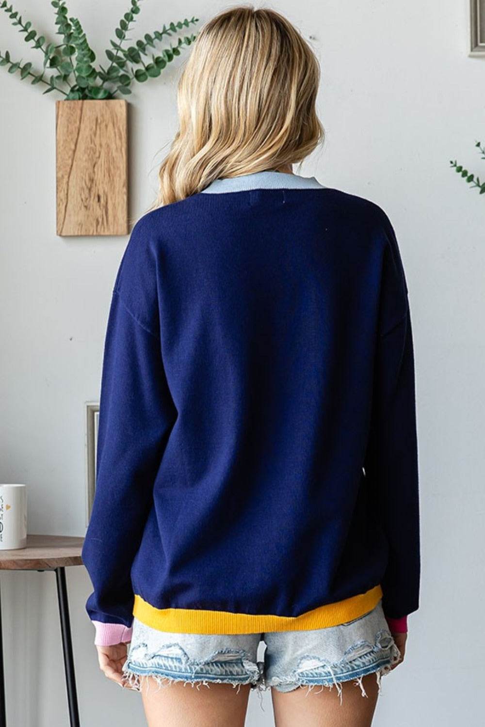 First Love Contrast Ribbed Round Neck Long Sleeve Sweater - Delanoir