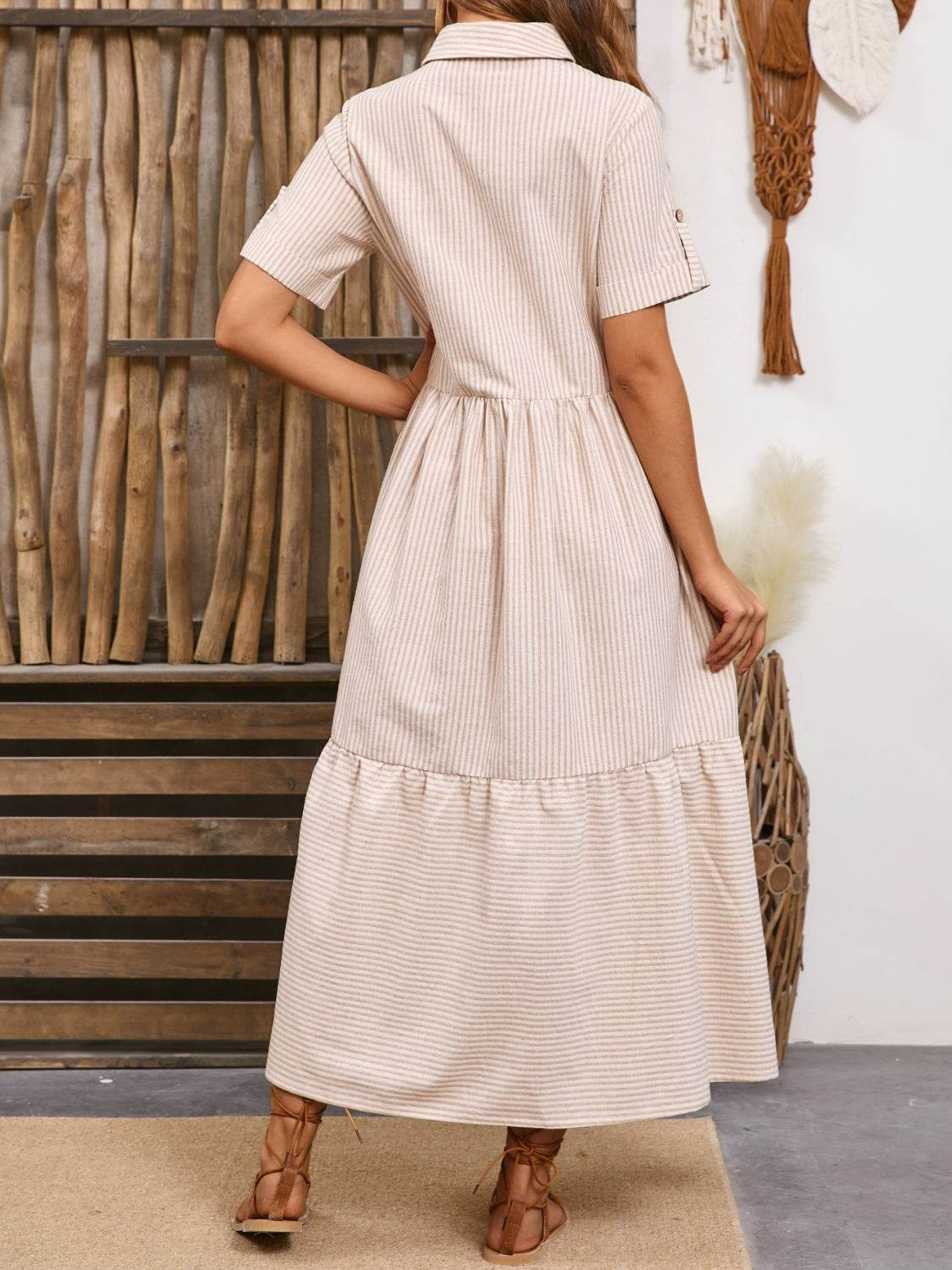 Striped Collared Neck Short Sleeve Dress - Delanoir