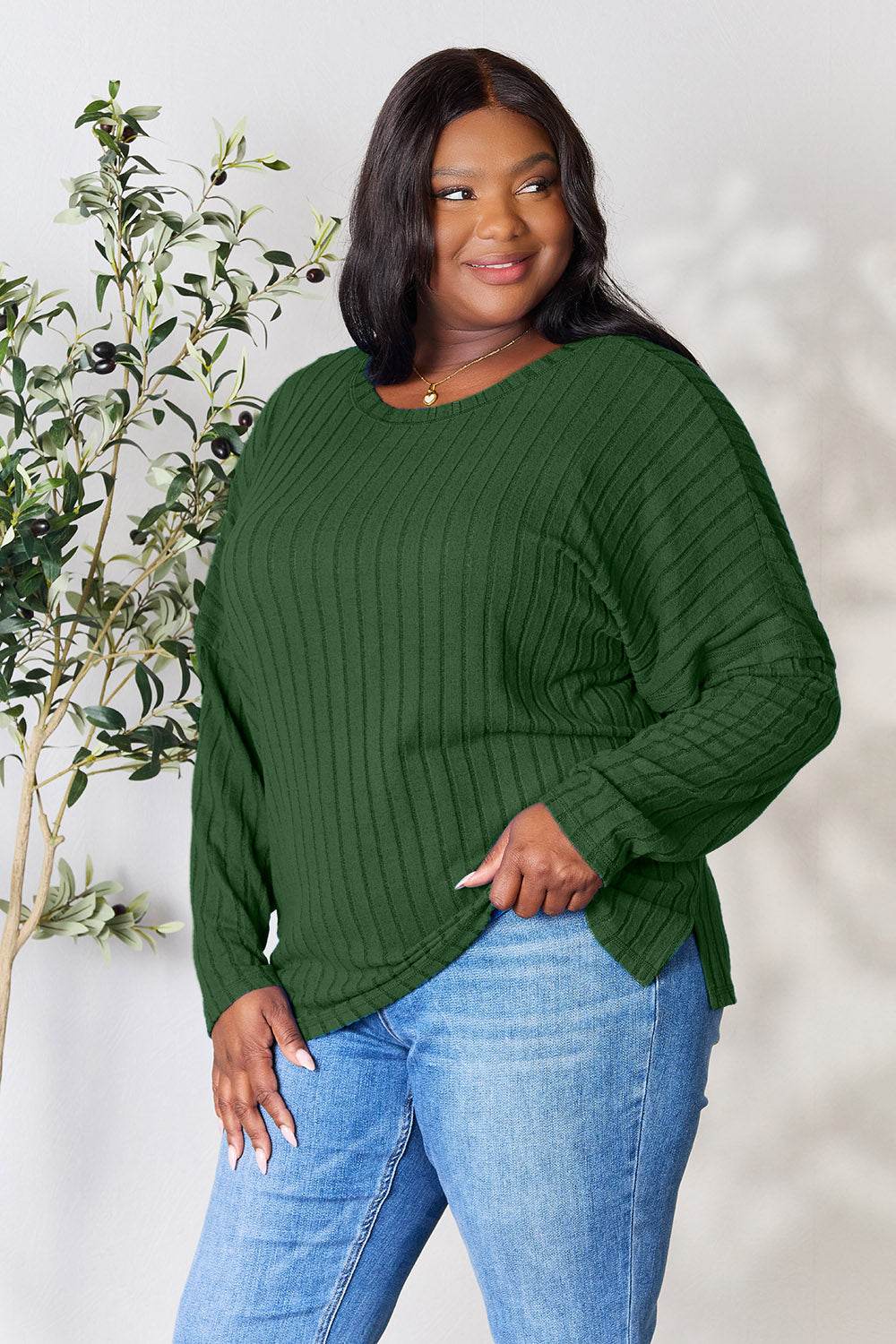 Basic Bae Full Size Ribbed Round Neck Slit Knit Top - Delanoir
