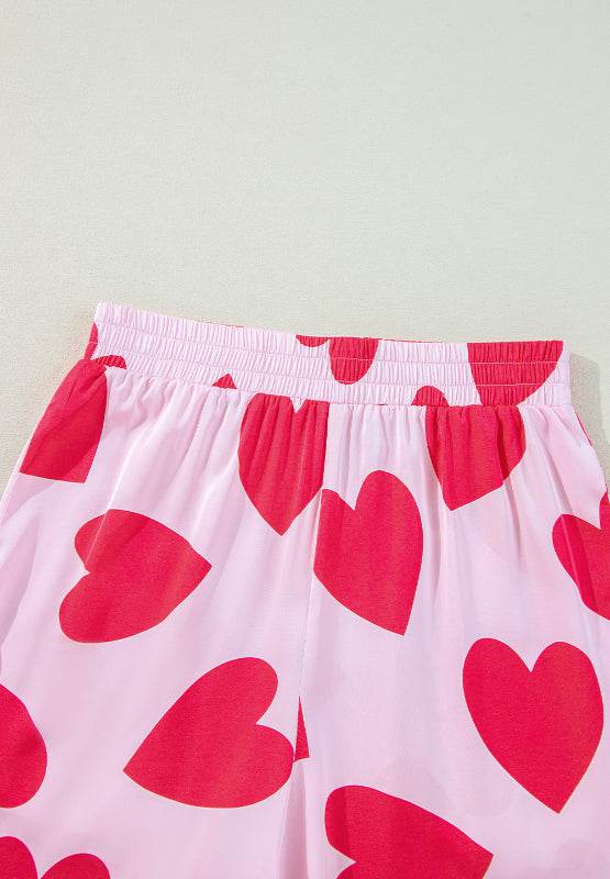 Heart Collared Neck Short Sleeve Top and Pants Lounge Set - Delanoir