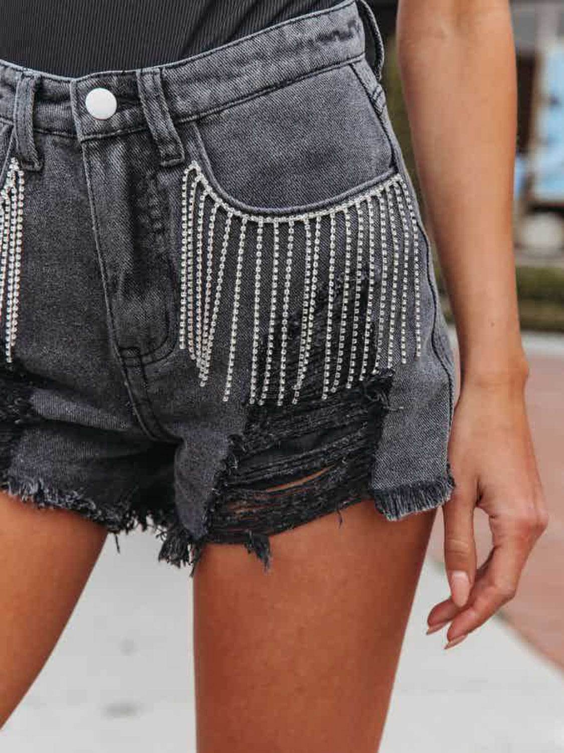 Distressed Fringe Denim Shorts with Pockets - Delanoir