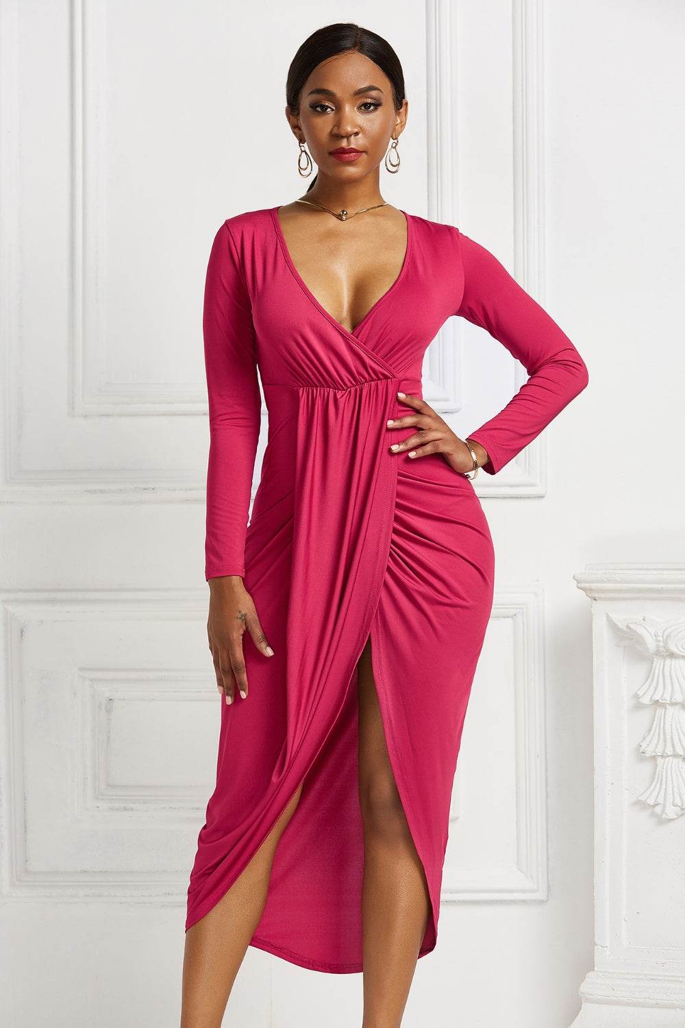 High-low Ruched Surplice Long Sleeve Dress - Delanoir