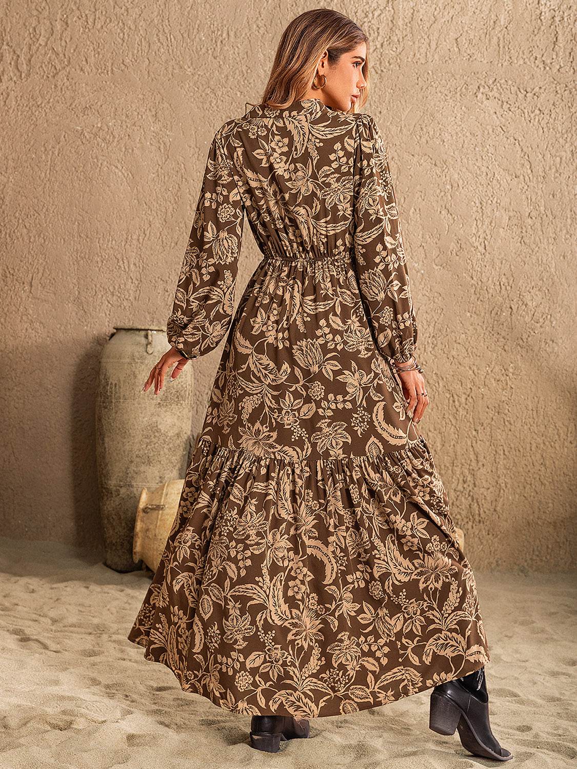 Ruched Printed Notched Long Sleeve Maxi Dress - Delanoir