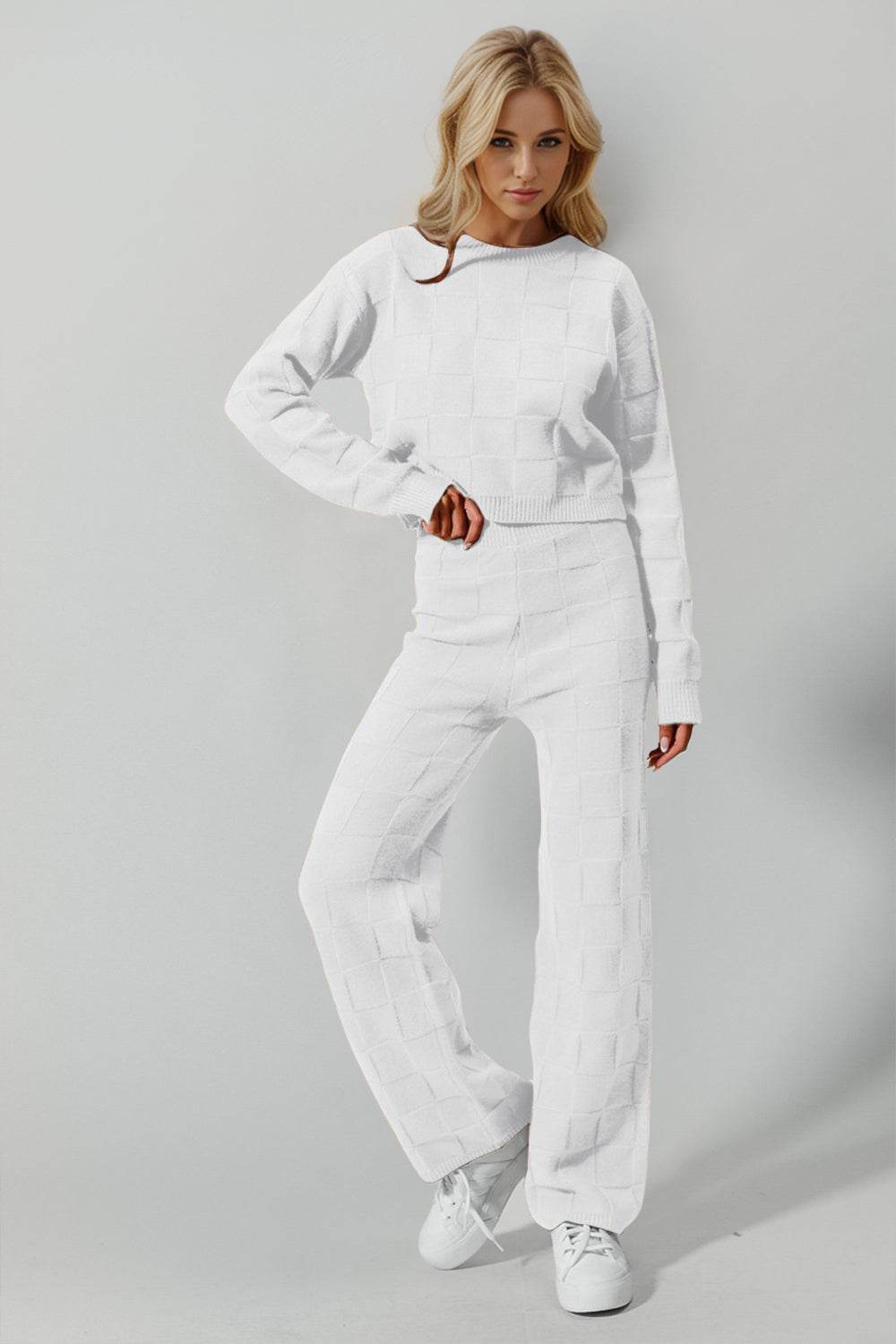 Double Take Full Size Checkered Round Neck Top and Pants Set - Delanoir