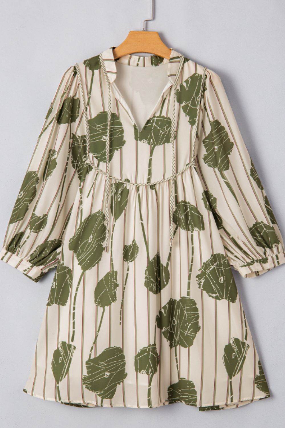 Printed Tie Neck Three-Quarter Sleeve Mini Dress - Delanoir
