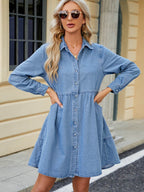 Tiered Button Up Long Sleeve Denim Dress - Delanoir
