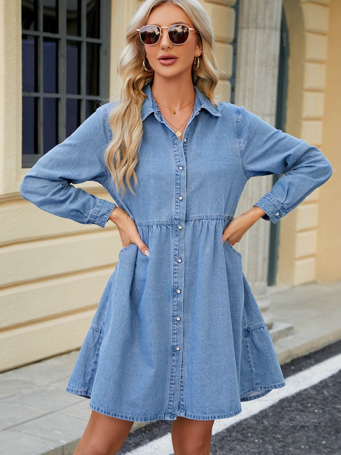 Tiered Button Up Long Sleeve Denim Dress - Delanoir