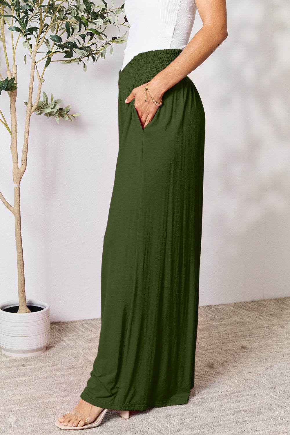 Double Take Full Size Smocked Wide Waistband Wide Leg Pants - Delanoir