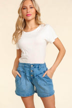 Haptics High Rise Button Fly Washed Denim Shorts - Delanoir
