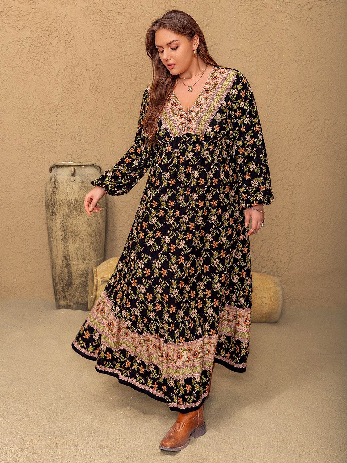 Plus Size Floral V-Neck Balloon Sleeve Dress - Delanoir