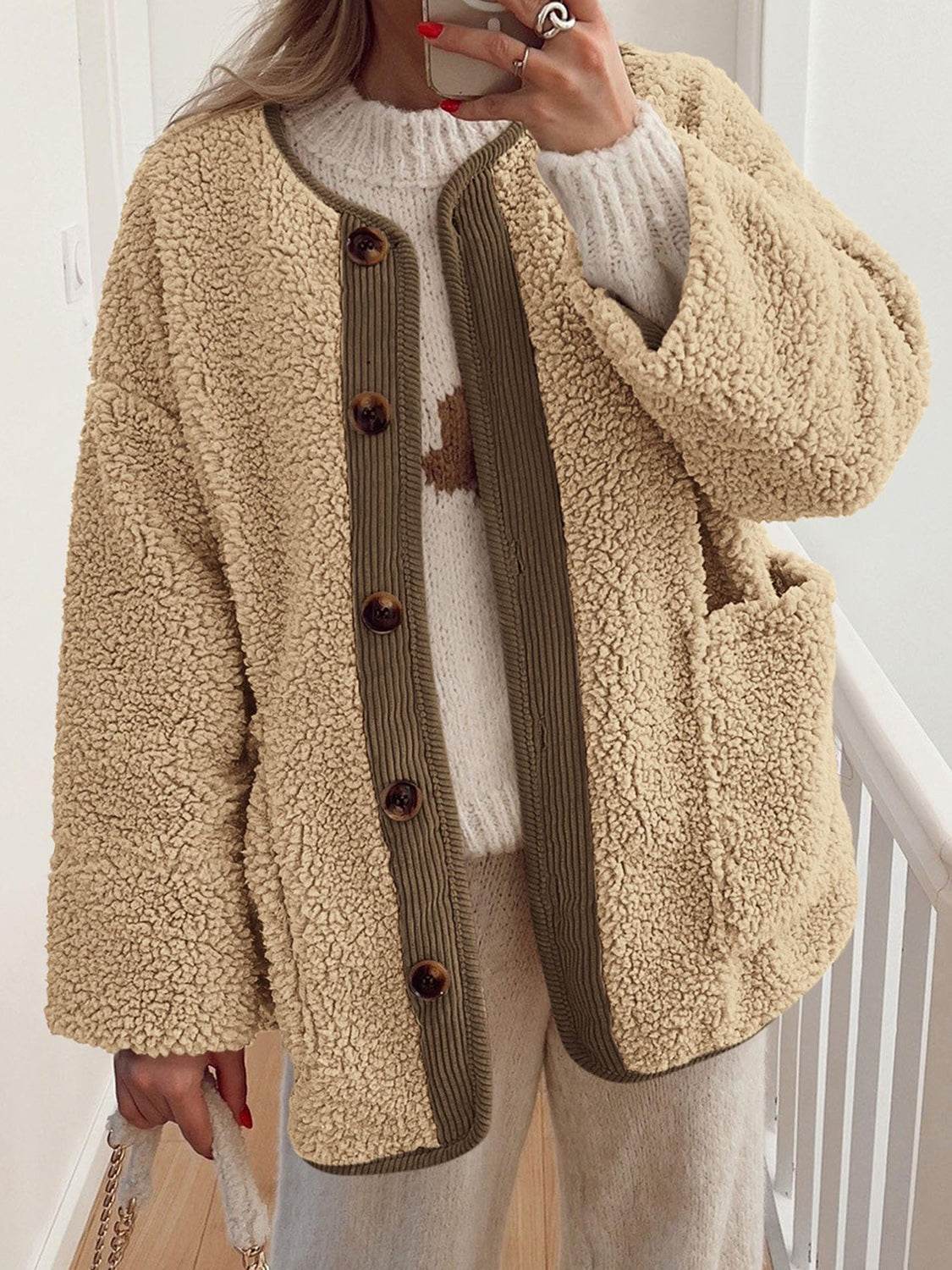 Contrast Button Up Sherpa Jacket with Pockets - Delanoir