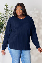 Basic Bae Full Size Ribbed Round Neck Slit Knit Top - Delanoir