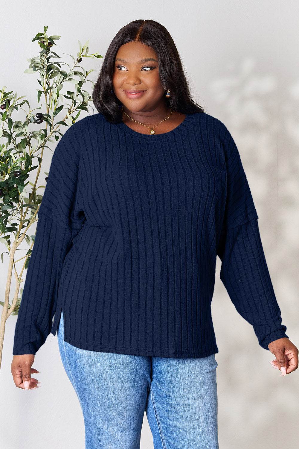 Basic Bae Full Size Ribbed Round Neck Slit Knit Top - Delanoir