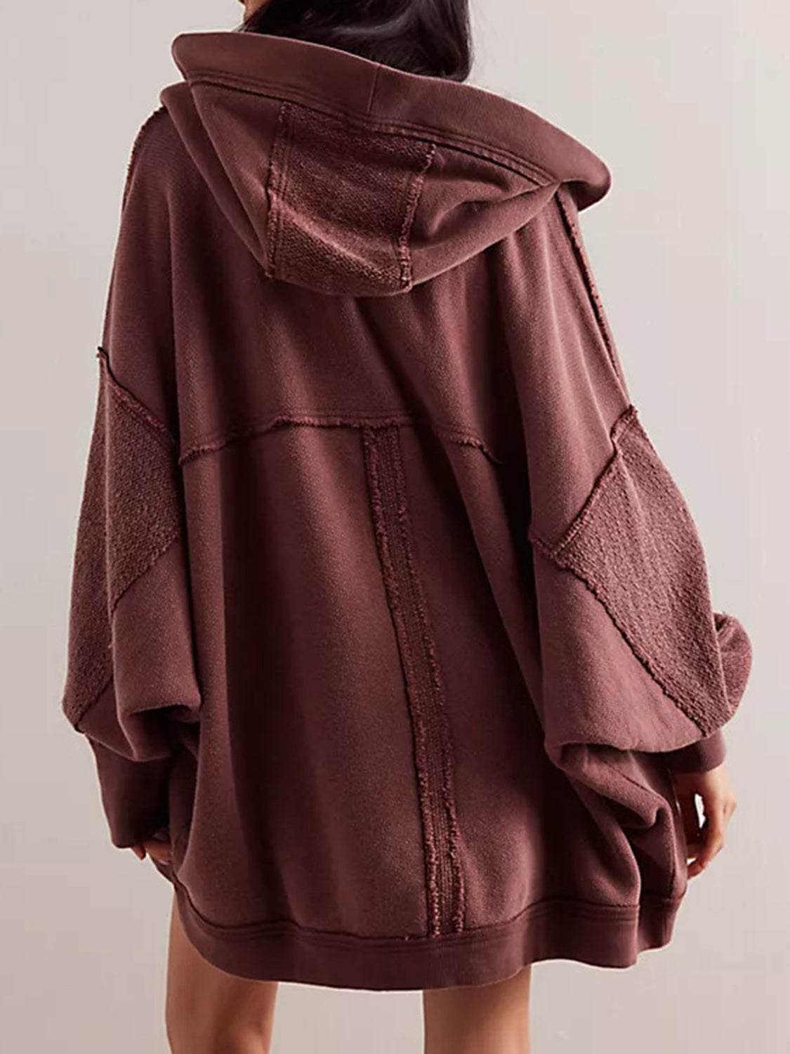 Exposed Seam Open Front Batwing Sleeve Hooded Cardigan - Delanoir