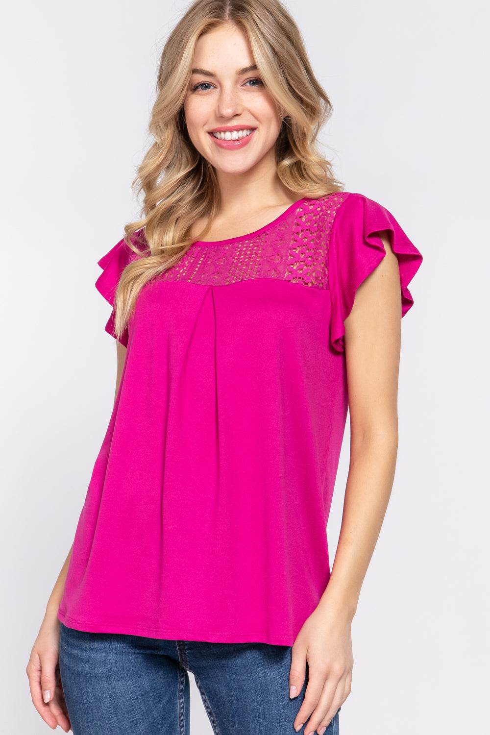 ACTIVE BASIC Ruffle Short Sleeve Lace Detail Knit Top - Delanoir