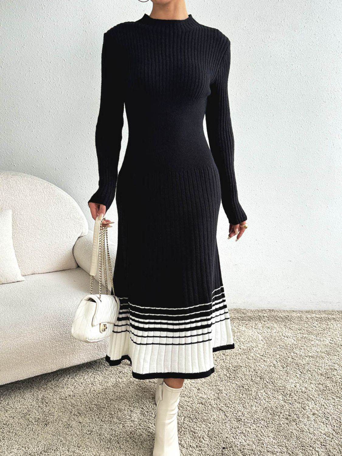 Contrast Mock Neck Long Sleeve Sweater Dress - Delanoir