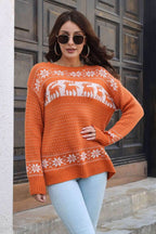 Reindeer & Snowflake Pattern Dropped Shoulder Pullover Sweater - Delanoir