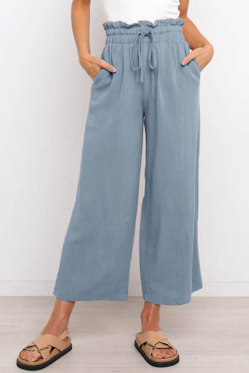 Drawstring Paperbag Waist Wide Leg Pants - Delanoir