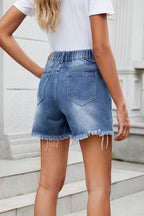 Distressed Raw Hem Asymmetric Waist Denim Shorts - Delanoir