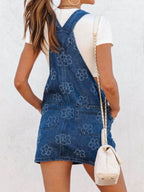 Flower Wide Strap Denim Overall Dress with Pockets - Delanoir