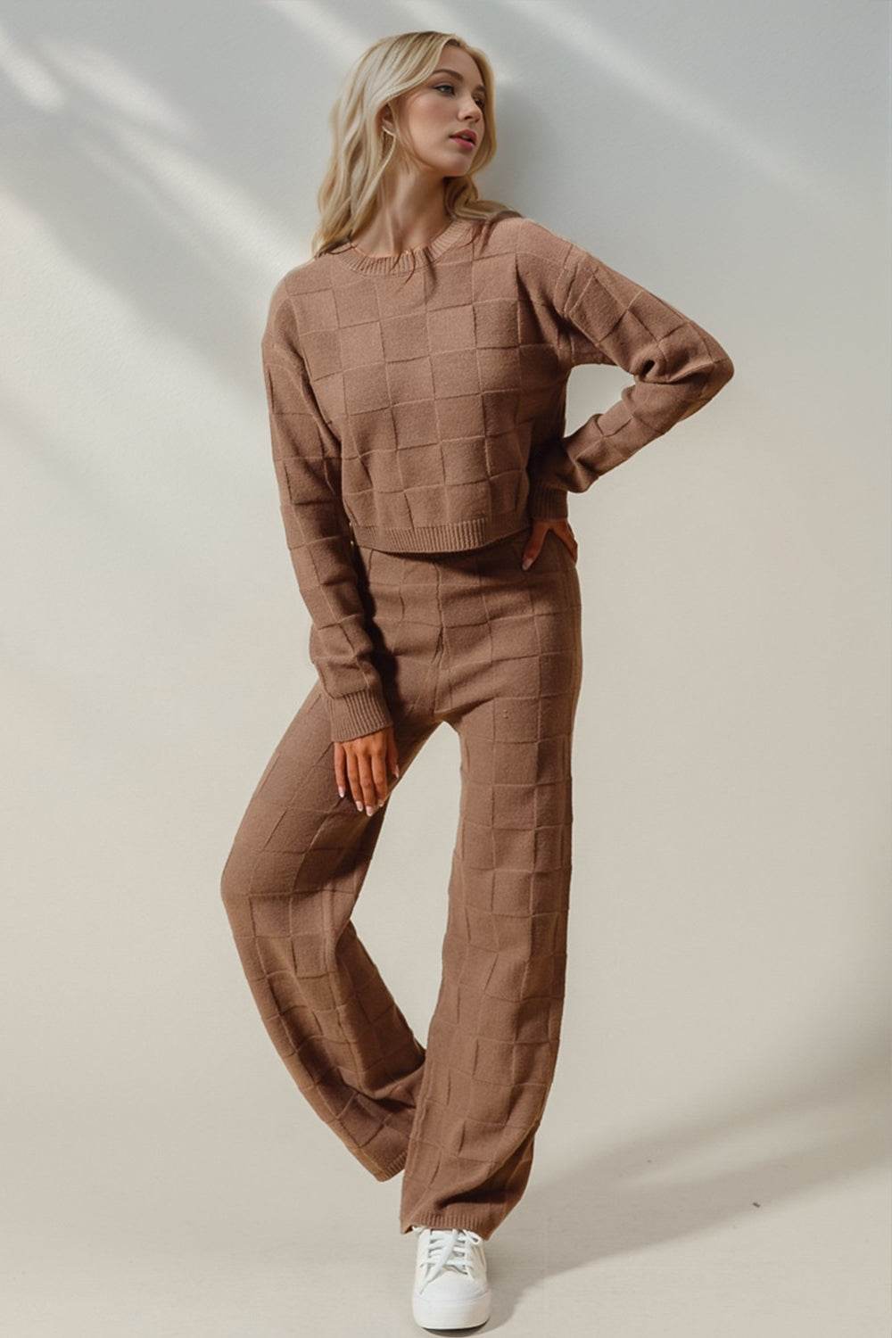 Double Take Full Size Checkered Round Neck Top and Pants Set - Delanoir