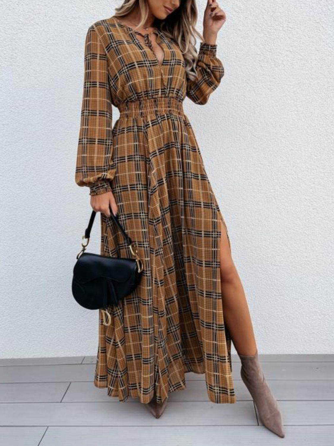 Slit Plaid Tie Neck Long Sleeve Maxi Dress - Delanoir