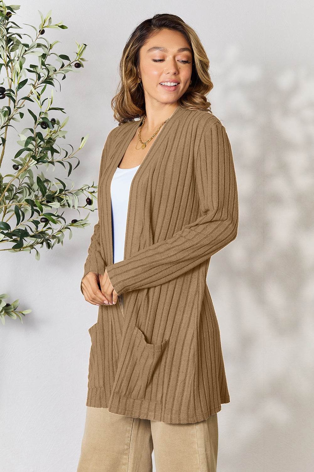 Basic Bae Full Size Ribbed Open Front Cardigan with Pockets - Delanoir