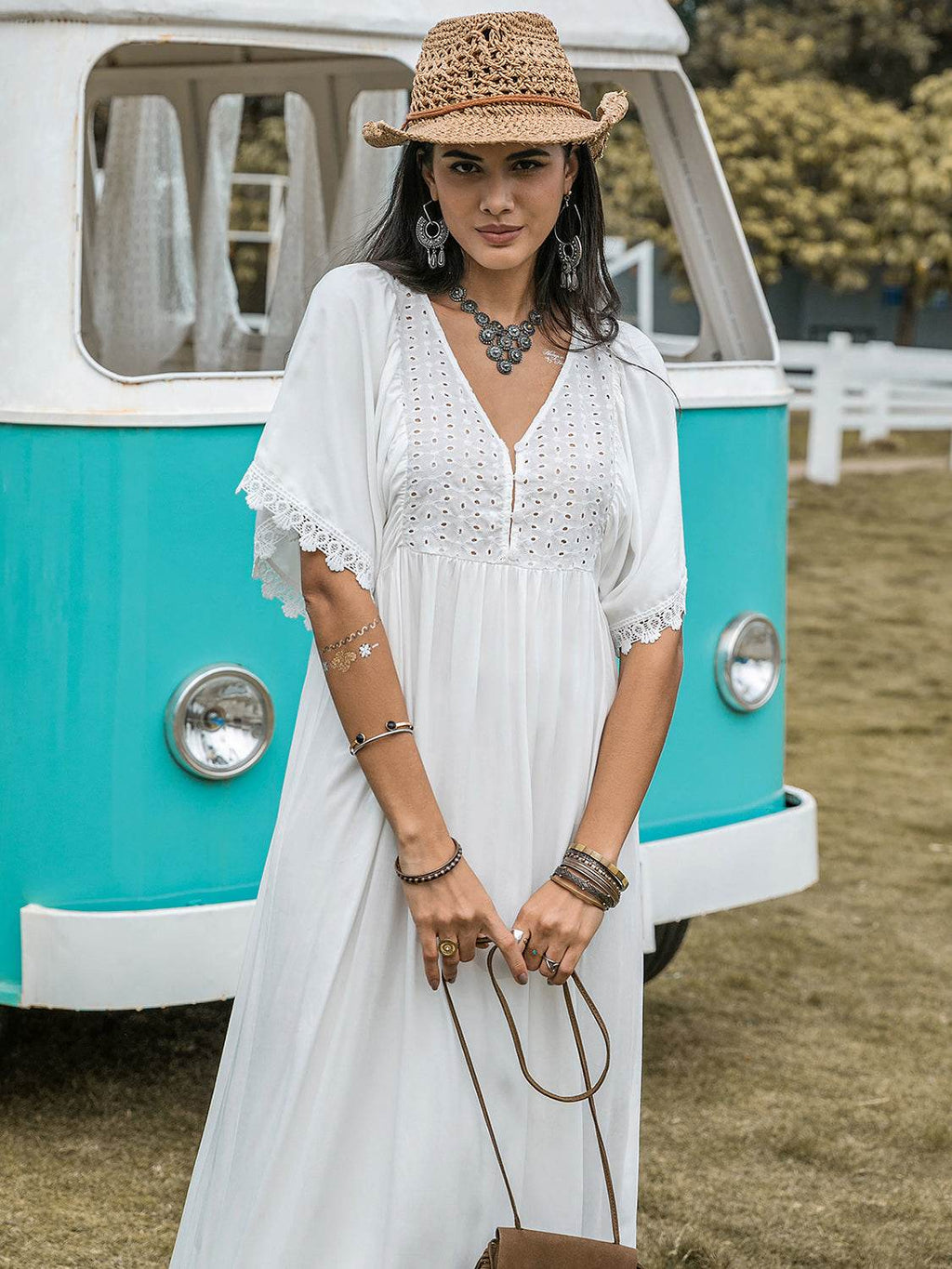 Lace Detail Eyelet V-Neck Half Sleeve Dress - Delanoir