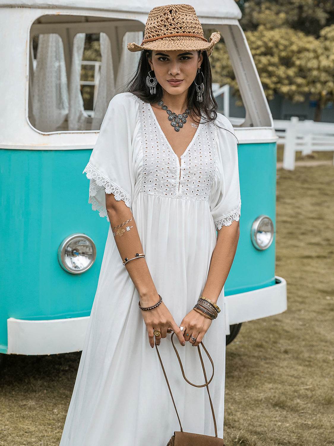 Lace Detail Eyelet V-Neck Half Sleeve Dress - Delanoir