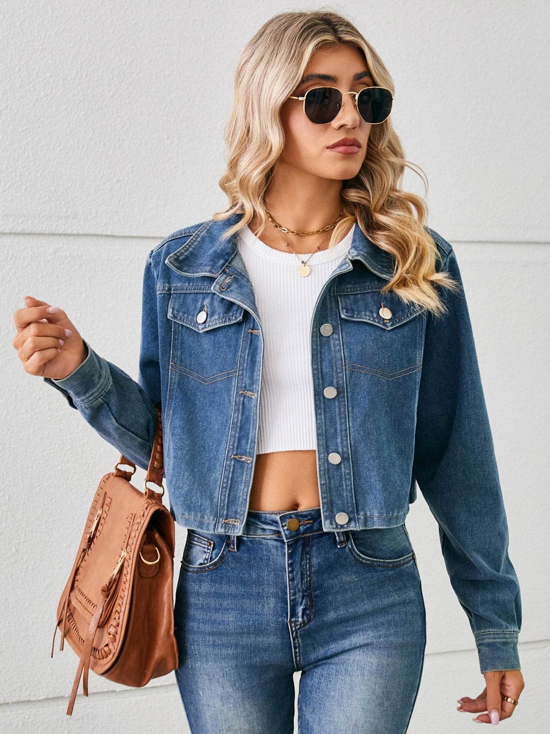 Button Up Long Sleeve Denim Jacket - Delanoir