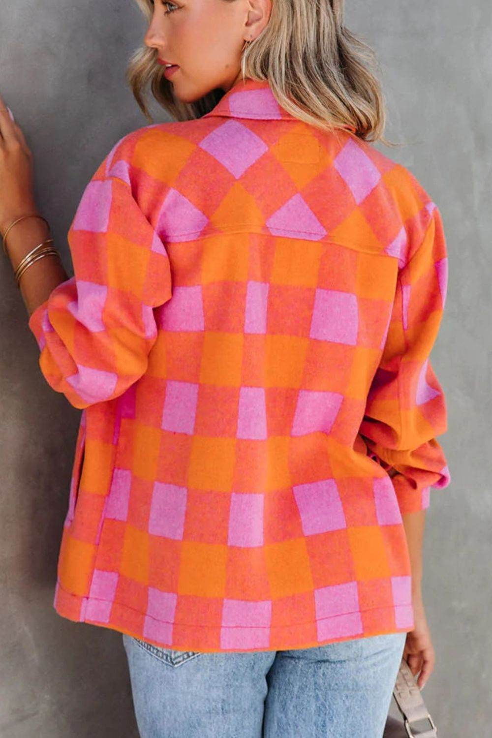 Plaid Collared Neck Button Up Jacket - Delanoir