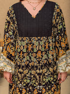 Plus Size Floral V-Neck Balloon Sleeve Midi Dress - Delanoir